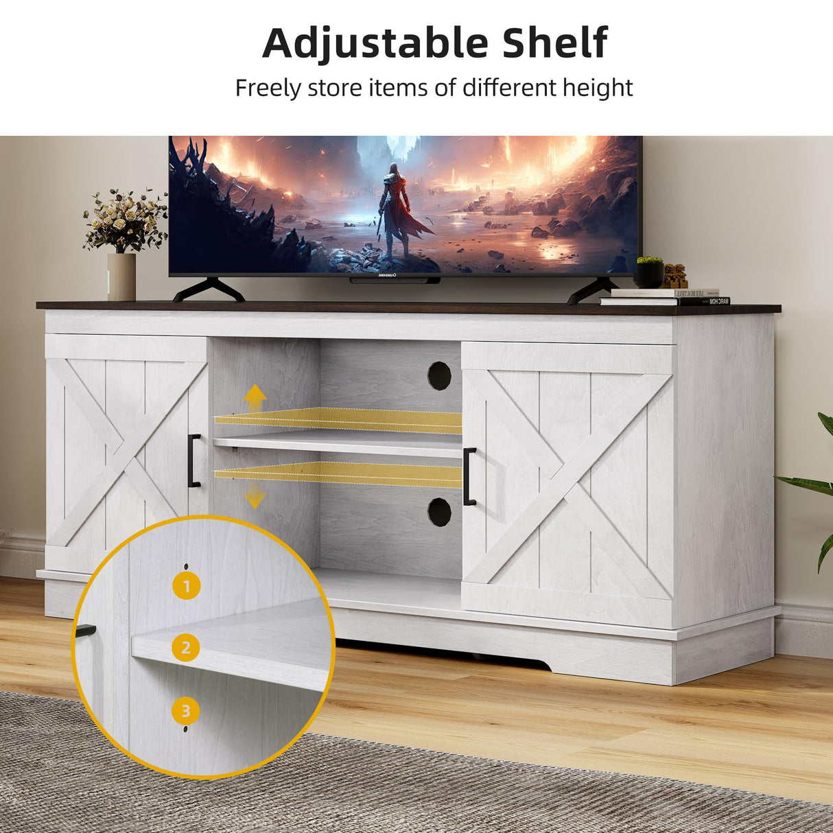 DWVO Farmhouse TV Stands for Living Room, Entertainment Center with Storage, TV Stand for 65 Inch TV with Double Barn Doors & Storage Cabinets, Rustic TV Cabinet Media Console, Espresso & Grey White DWVO