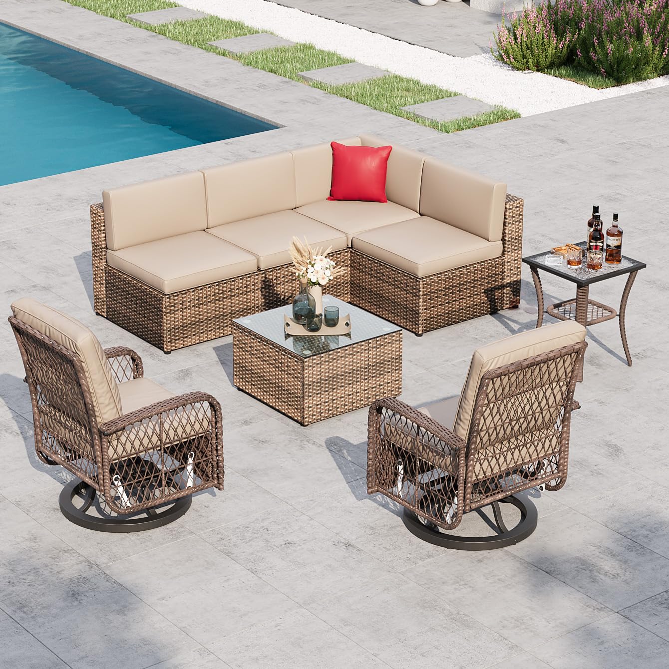 Aoxun 8 Pieces Patio Furniture Set Outdoor Wicker Rattan Furniture with Swivel Rocking Chairs Patio Sectional Sofa for Children, Girls and People in Small Size (Brown)