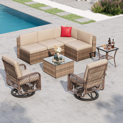 Aoxun 8 Pieces Patio Furniture Set Outdoor Wicker Rattan Furniture with Swivel Rocking Chairs Patio Sectional Sofa for Children, Girls and People in Small Size (Brown)