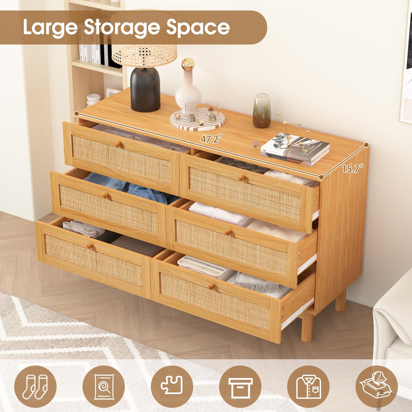 EazeHome 6 Drawer Rattan Dresser for Bedroom, 48” Wide Chest of Drawers, Natural Wooden Handmade Woven Dresser, Boho Storage Organizer for Closet, Living Room and Entryway - WoodArtSupply