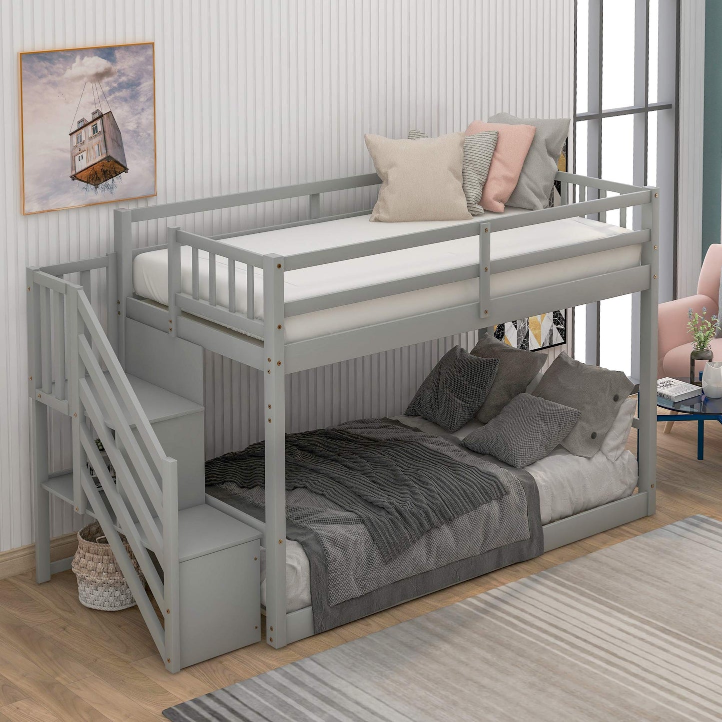 P PURLOVE Twin Over Twin Low Bunk Bed with Storage Stairs in Grey - WoodArtSupply