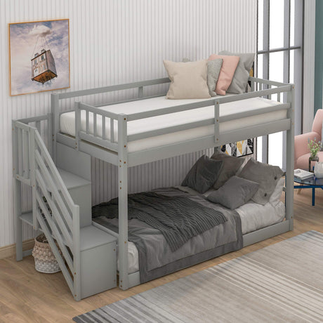 P PURLOVE Twin Over Twin Low Bunk Bed with Storage Stairs in Grey P PURLOVE
