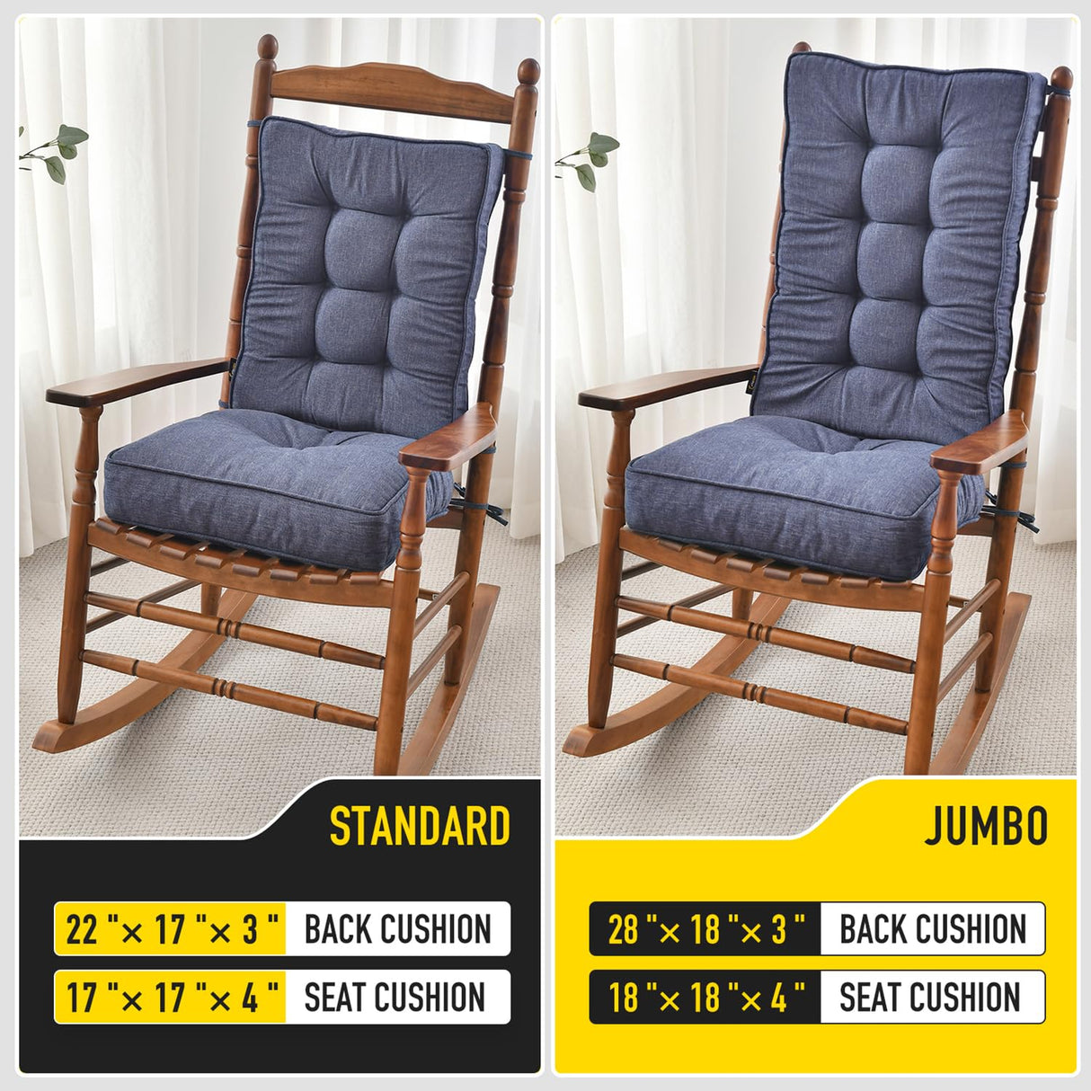 SUNROX Memory Foam Non Slip Rocking Chair Cushion, FadeShield Water Resistant Thicken Durable Tufted Pads, Set of Seat & Back Cushion with Ties for Indoor/Outdoor Rocker, 2 Piece, Heather Indigo SUNROX