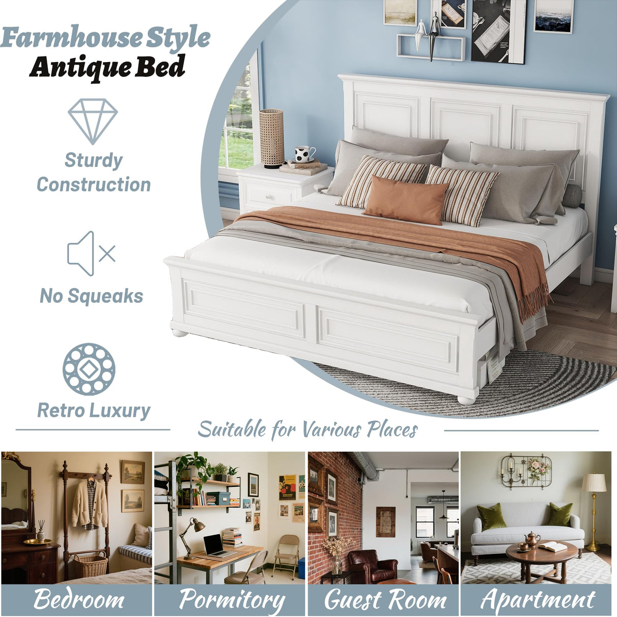 OYUMOENTS King Size Bed Frame Farmhouse Style, Tall Headboard King Bed Frame with Footboard, Pinewood Antique Beds, Farmhouse Style, Noise-Free, No Box Spring Needed, White OYUMOENTS