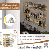 AKOGG Wine Rack Wall Mounted With LED Light ＆ Wine Glass Holder,Iron Bar Liquor Shelf,Floating Wall Wine Shelves,Liquor Bottle Display Shelf,Wine Glass Storage Racks,For Kitchen Wine Cellar,Gold/Black AKOGG