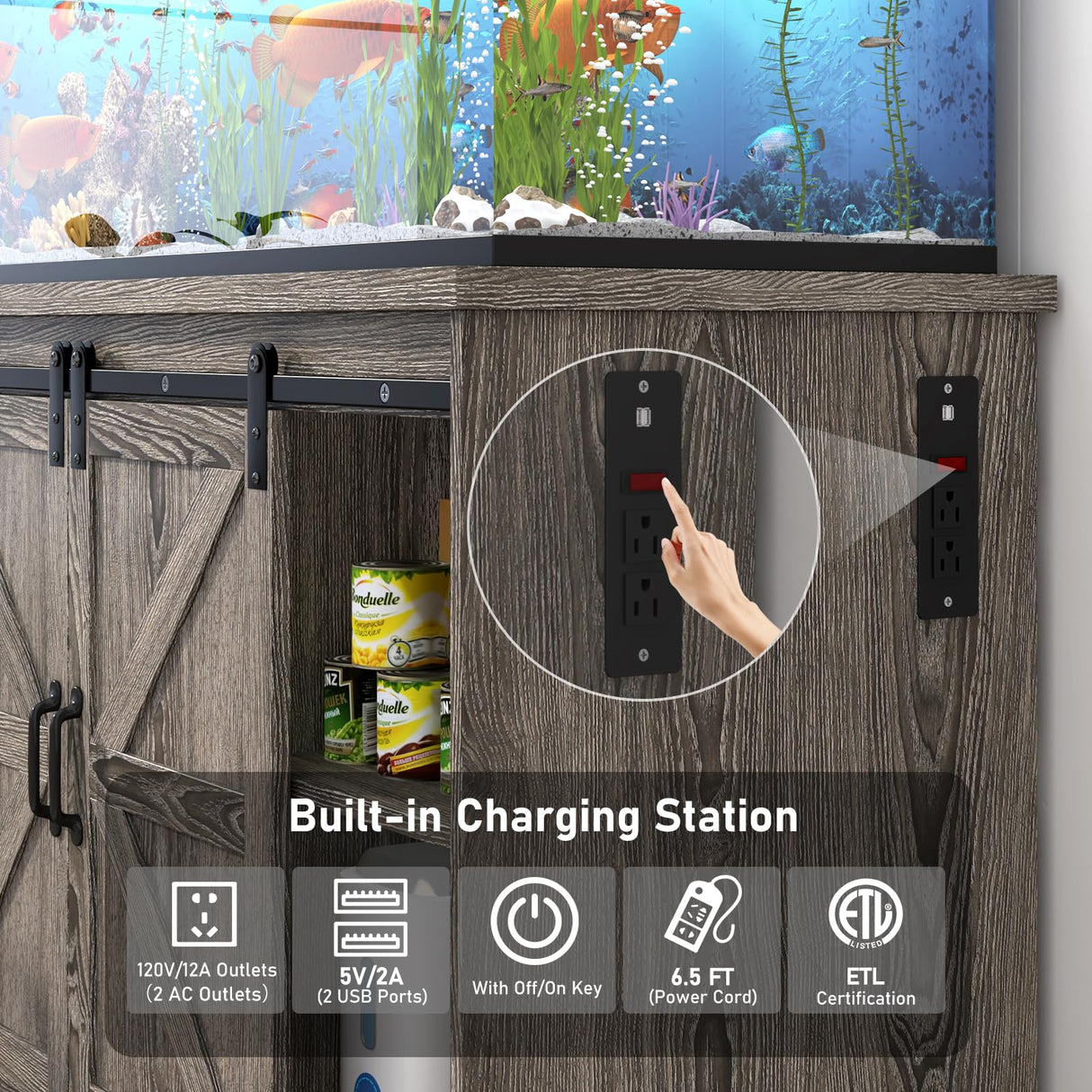 Hlivelood Farmhouse 55-75 Gallon Fish Tank Stand with Power Outlet, Aquarium Stand with Cabinet&Sliding Barn Door, Heavy Duty Reptile Tank Stand for 2 Fish Tank/Turtle Tank/Reptile Terrarium, Grey Hlivelood