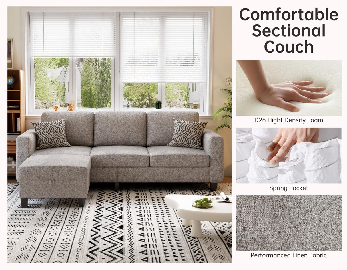 Woyomeub Sectional Sofas Couches for Living Room 3 Seater L Shaped Couch with Storage Ottoman 78" Modern Linen Fabric Brown Sofa for Apartment, Studio, Office, Small Space Woyomeub