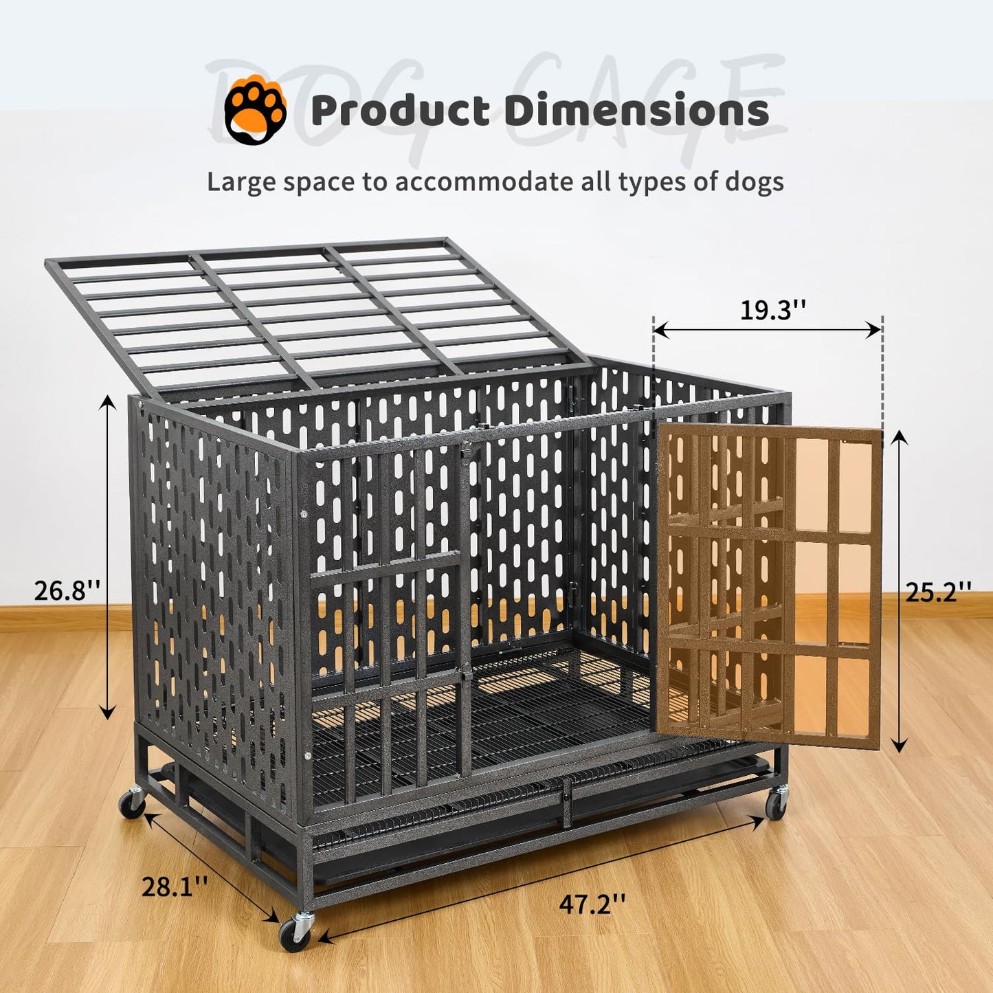 48 Inch Heavy Duty Indestructible XL Dog Crate Steel Escape Proof, Indoor Double Door High Anxiety Cage, Kennel with Wheels, Removable Tray, Extra Large XXL