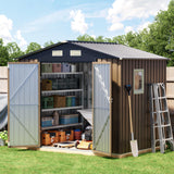 Breezz 8x6FT Outdoor Steel Storage Shed with Clear Window, Lockable Doors, Weather-Resistant Metal Tool Shed for Garden, Backyard, Patio, and Utility Storage.Brown BreezZ