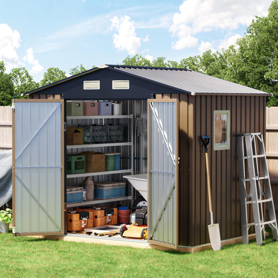 Breezz 8x6FT Outdoor Steel Storage Shed with Clear Window, Lockable Doors, Weather-Resistant Metal Tool Shed for Garden, Backyard, Patio, and Utility Storage.Brown