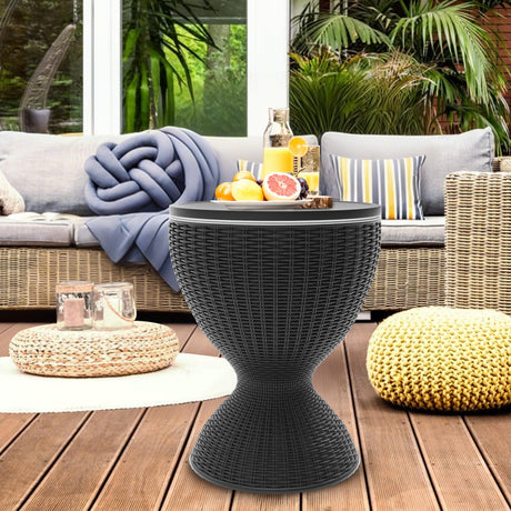 SHAREWIN Outdoor Cooler Table, Height-Adjustable Patio Bar Tables 8 Gallon Beer and Wine Cooler, 3-in-1 Rattan Style Ice Bar with Drainage Plug for Pool Party (Black) SHAREWIN