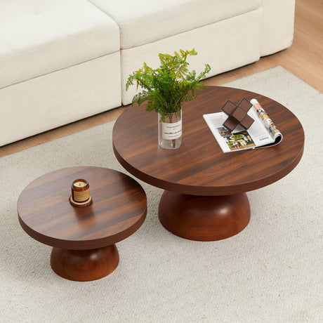 Solid Wood Round Nesting Coffee Table Set of 2, Circle Accent Tables with Unique Semi-Circular Legs, Modern Farmhouse Side End Table Set for Small Space Living Room Office (Walnut) LEVNARY