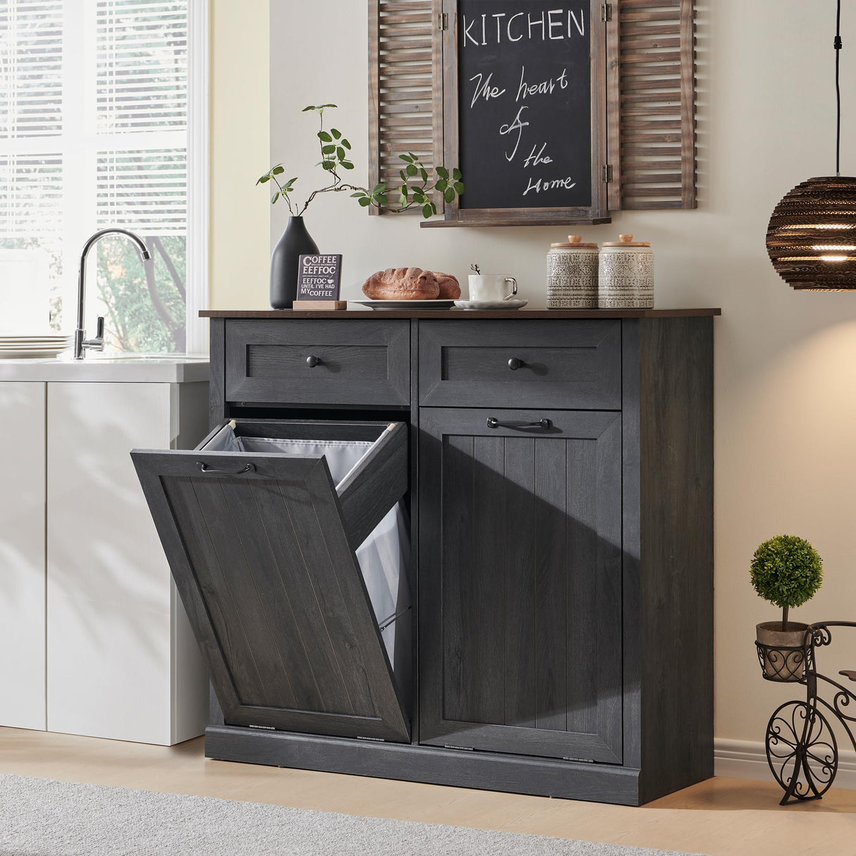 IFGET Double Tilt Out Trash Cabinet, Dog Proof Trash Can Cabinet, Farmhouse Hidden Laundry Hamper Cabinet with Barn Door, 10 Gallon Garbage Can Bin Cabinet with Storage Basket for Kitchen (Dark Grey) IFGET