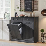 IFGET Double Tilt Out Trash Cabinet, Dog Proof Trash Can Cabinet, Farmhouse Hidden Laundry Hamper Cabinet with Barn Door, 10 Gallon Garbage Can Bin Cabinet with Storage Basket for Kitchen (Dark Grey) IFGET