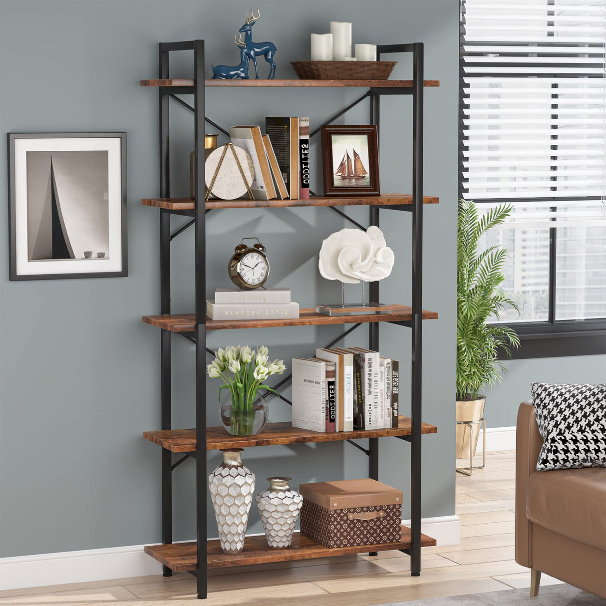 Tribesigns Industrial Rustic 5-Tier Bookshelf with Metal Frame for Living Room and Home Office Tribesigns
