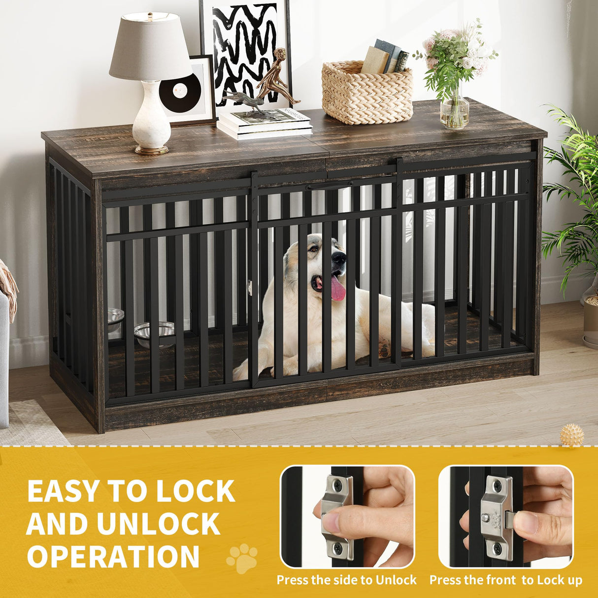 DWVO 55" Extra Large Dog Crate Furniture, Heavy Duty Metal Dog Kennel TV Stand with Sliding Door, Wooden Dog Cage Table with Dog Bowl for Extra Large Medium Dogs or 2 Small Dogs Black Oak DWVO