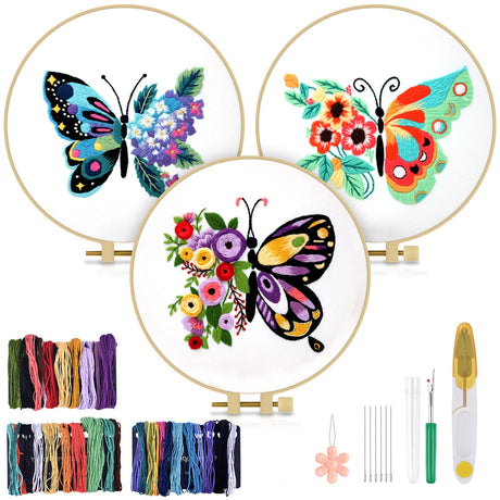 TINDTOP 3 Sets Embroidery Stitch Practice kit, Butterfly Flower Embroidery Kit for Beginners Include Cloth Hoops Threads for Craft Lover Hand Stitch with Embroidery Skill Techniques TINDTOP