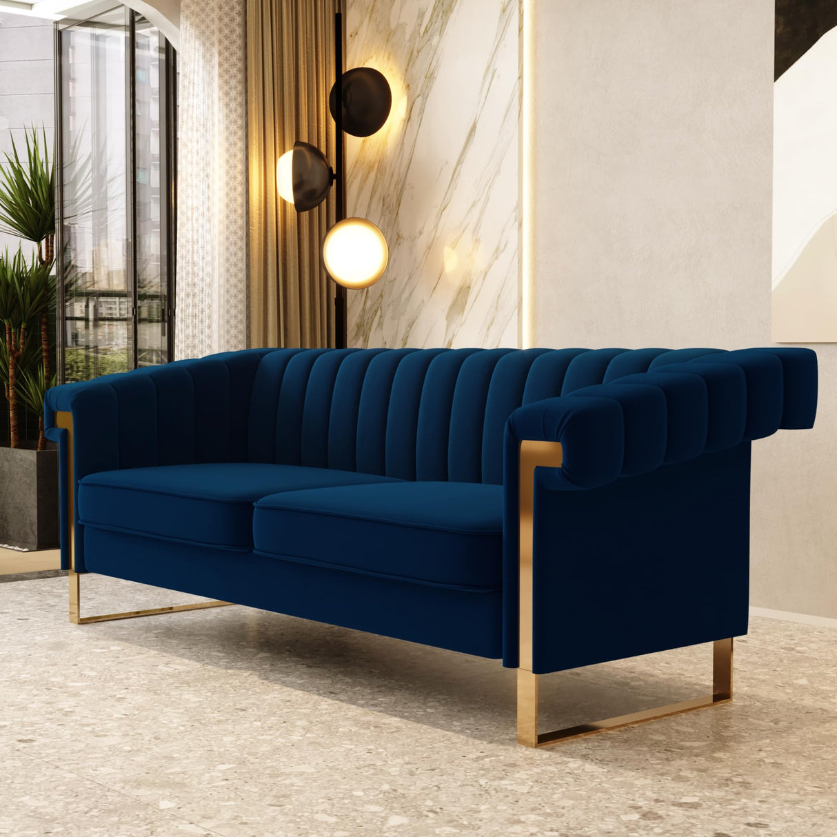 yunqishi Mid-Century Modern Blue Velvet Sofa with Gold Metal Legs, 83.86" Luxury Chesterfield Comfy Couches for Living Room (Velvet, Blue) yunqishi