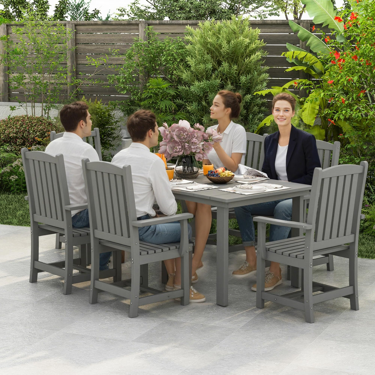 ROCSUMOO 7-Piece HDPE Outdoor Dining Set with 6 Chairs, Rectangular Patio Dining Furniture Set of 6, Modern Dining Table Chairs Set with Umbrella Hole for Poolside, Dark Gray (6 Chairs+1 Table) ROCSUMOO