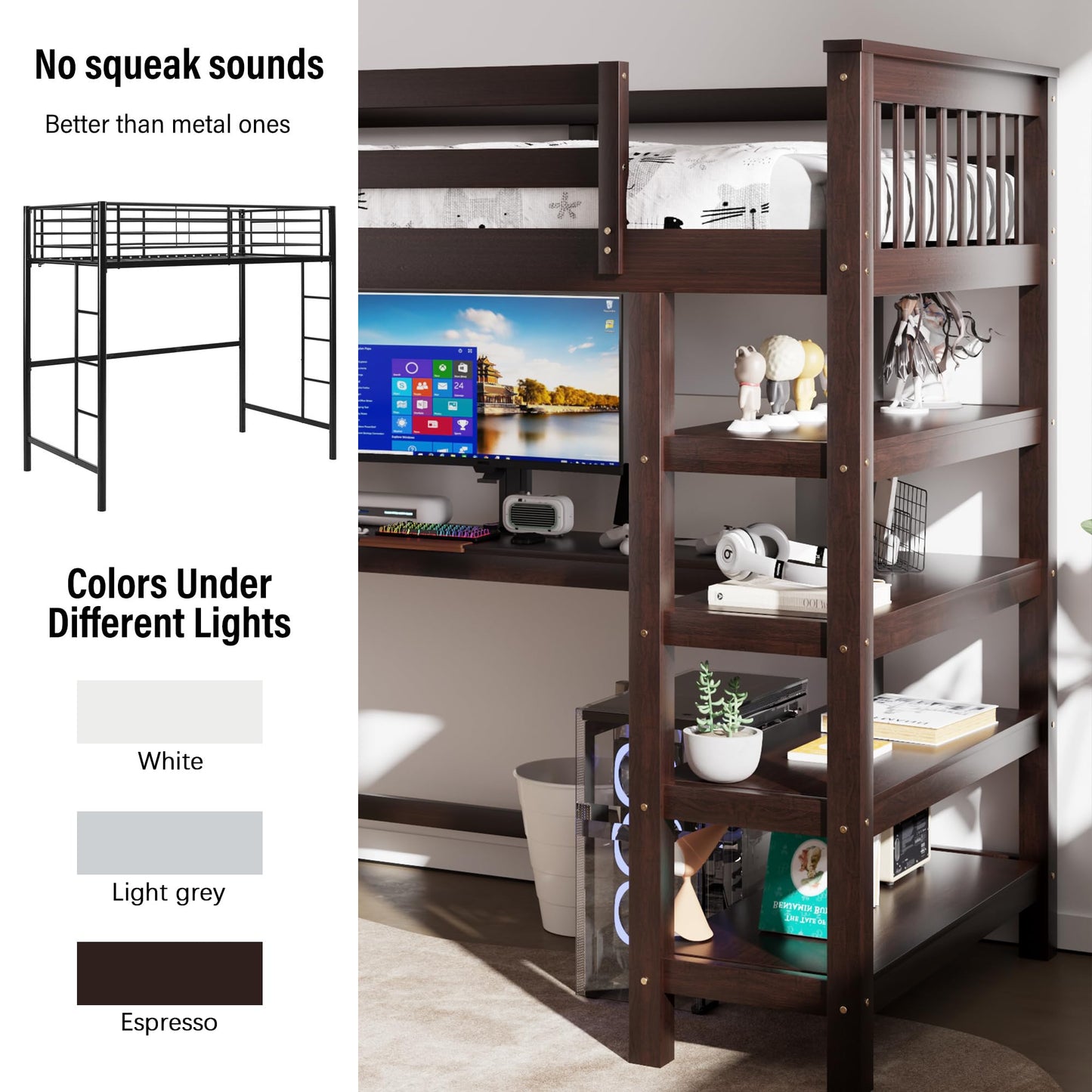 Revamp your space with the Merax Espresso Twin Loft Bed featuring a Desk and Storage Shelves - WoodArtSupply