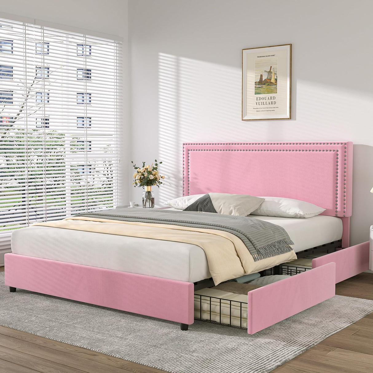 VECELO Queen Size Upholstered Platform Bed Frame with 4 Storage Drawers, Adjustable Velvet Rivets Headboard, Wooden Slats Support, No Box Spring Needed, Easy Assembly VECELO