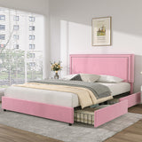 VECELO Queen Size Upholstered Platform Bed Frame with 4 Storage Drawers, Adjustable Velvet Rivets Headboard, Wooden Slats Support, No Box Spring Needed, Easy Assembly VECELO