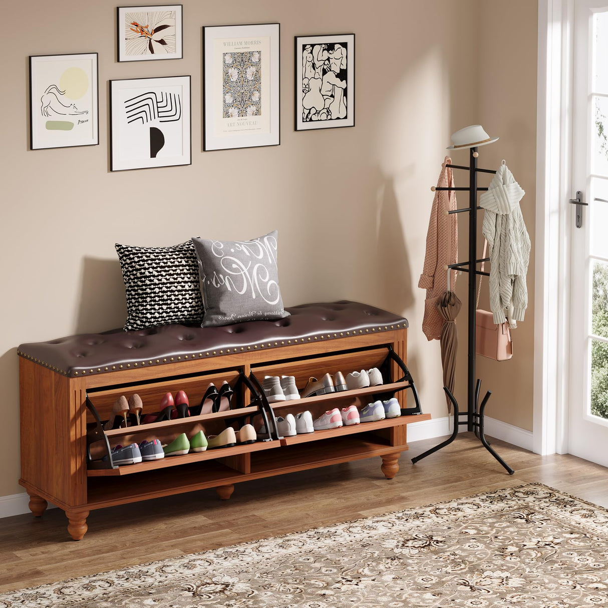 Tribesigns Shoe Storage Bench with 2 Flip Drawers, Entryway Shoe Bench with Tufted Leather Seating, Hallway Bench with Shoe Storage Cabinet, Hidden Shoe Organizer, Solid Wood Legs Tribesigns