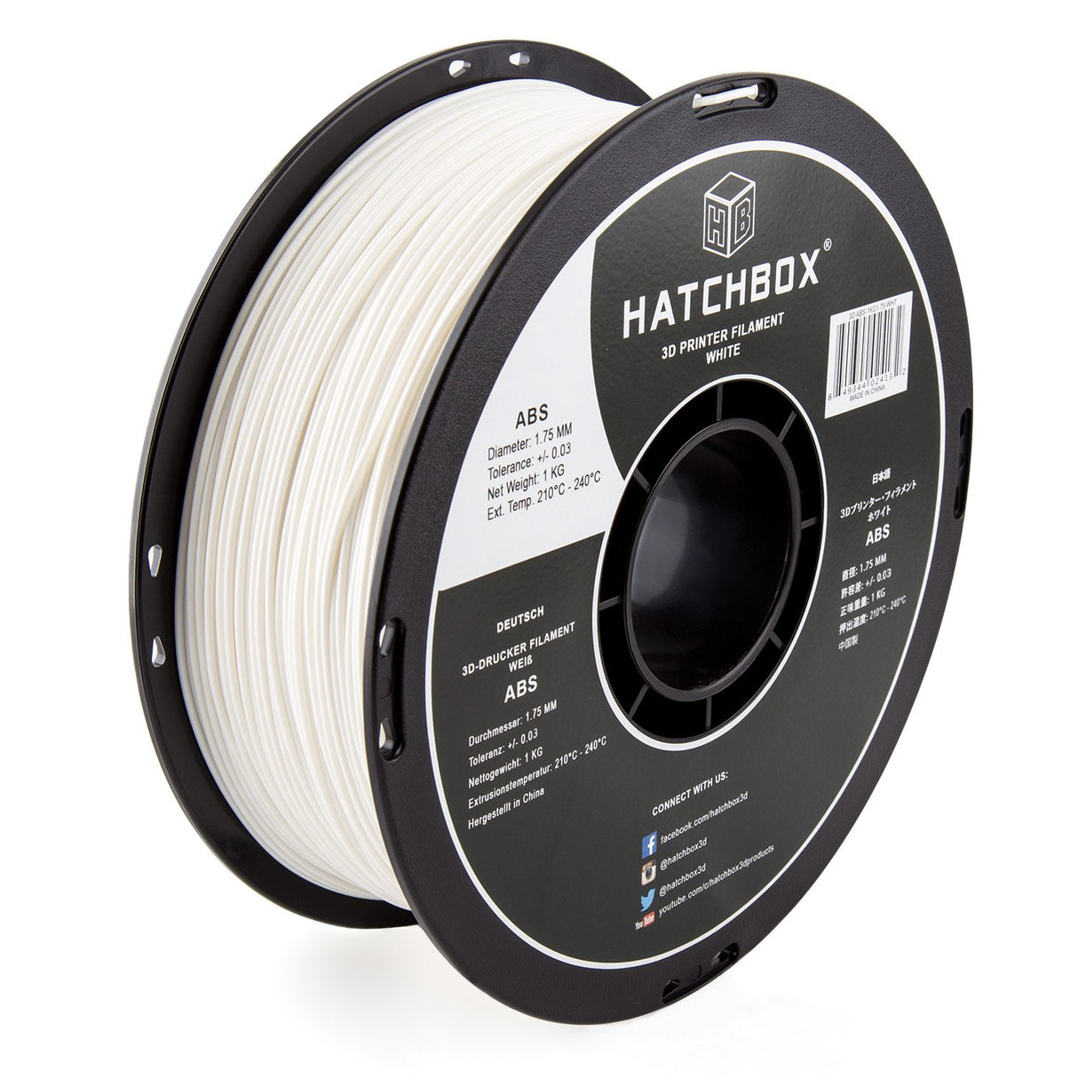 HATCHBOX ABS 3D Printer Filament, Dimensional Accuracy +/- 0.03 mm, 1 kg Spool, 1.75 mm, White, Model Number: 3D ABS-1KG1.75-WHT HATCHBOX