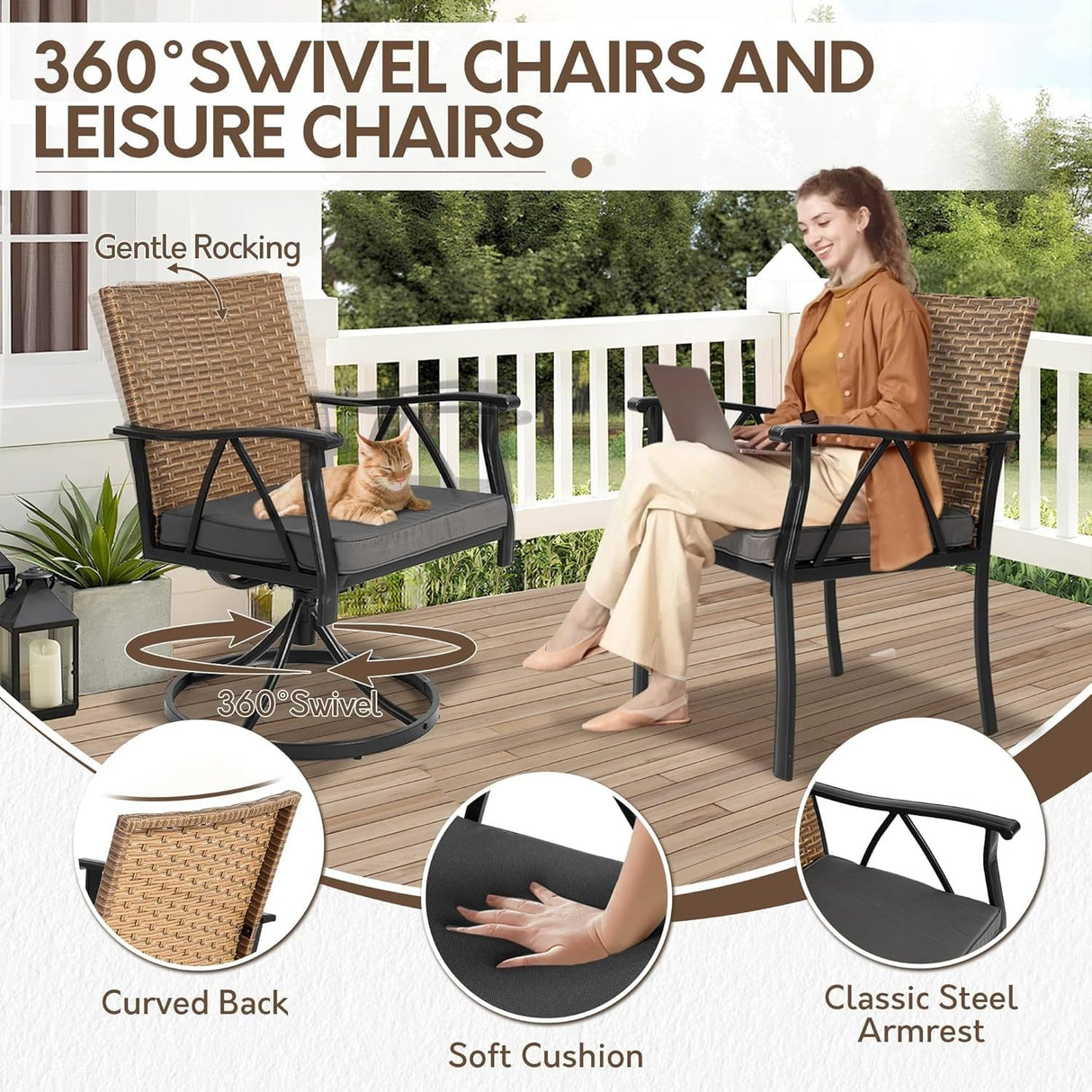 Andehomy 7-Piece Patio Dining Set for 6, Outdoor Dining Set with Wicker Swivel Patio Dining Chairs with Cushions & Black Rectangular Woodgrain Dining Table with 1.75”Umbrella Hole, Black & Brown Andehomy