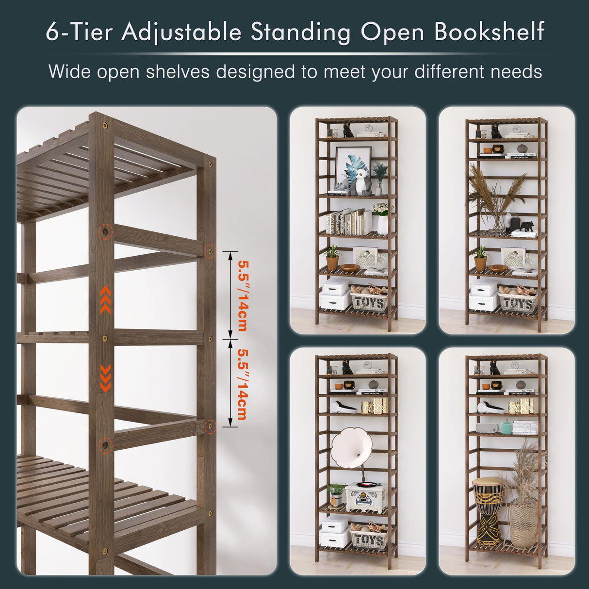 HITNET Bookcase, Bamboo Bookshelf, 6-Tier Adjustable Tall Open Book Shelf, Free Standing Storage Shelves Organizer, Flower Plant Display Stand, Walnut HITNET