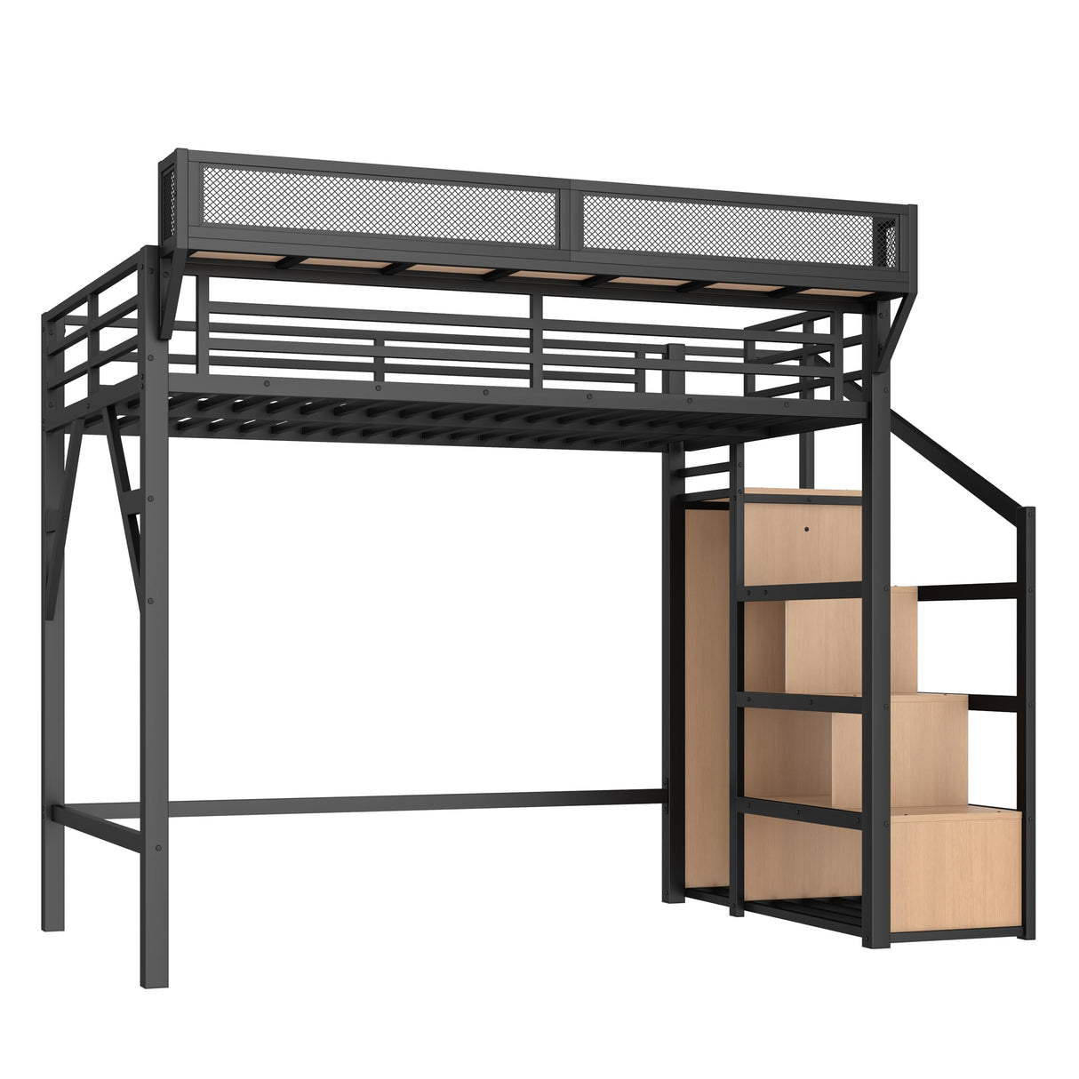 Bellemave Twin XL loft Bed with Storage Stairs, Wardrobe, Shelves, Metal Twin XL Size Loft Bed Frame for Adults, Kids, Teens, Black+Natural Wood Bellemave