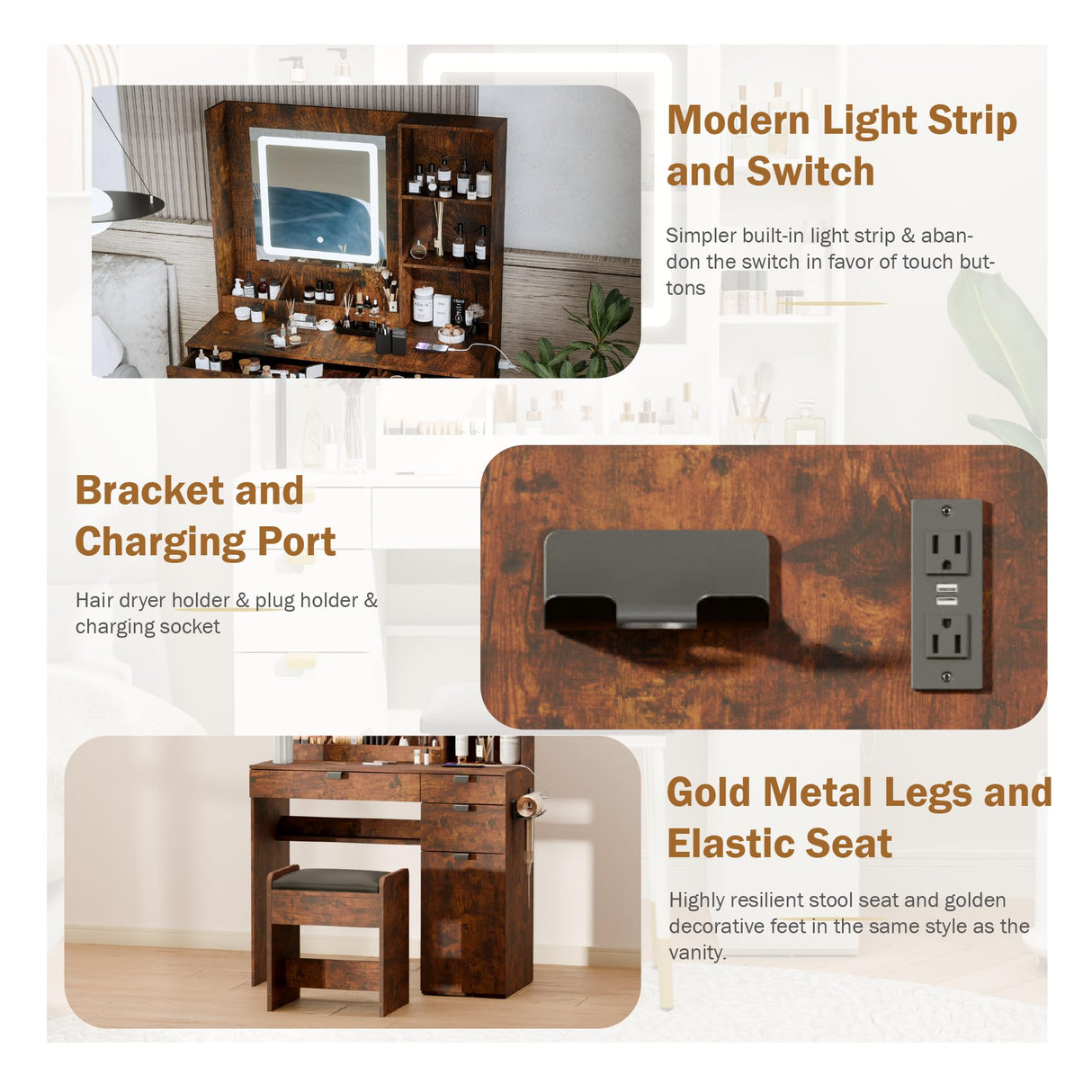 NEDYO Vanity with Mirror and Lights, Makeup Vanity Table Set, Dressing Table, Small Wood Vanity with Chair, Touch-Sensitive Dimmable Mirror, Shelves and Drawers. Industrial Style Vintage Brown NEDYO