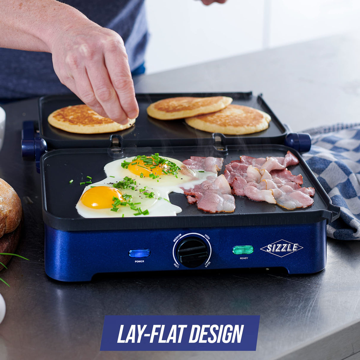 Blue Diamond Electric Contact Griddle, Healthy Ceramic Nonstick, PFAS & PFOA-Free, Open Flat Design, Metal Utensil Safe, Drip Tray, Dishwasher Safe Removable Plates, Adjustable Temperature, Blue Blue Diamond
