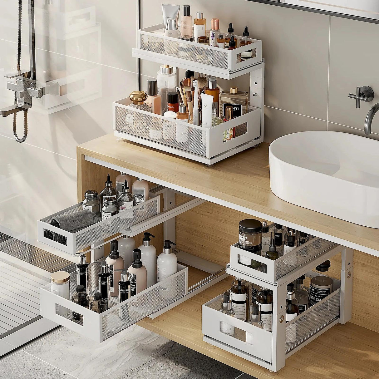 Corbyles 2 Pack Under Sink Organizer With Next-Gen Ball-Bearing Slides,2-Tier Pull Out Cabinet Storage,Height Adjustable Drawer Shelf for Bathroom,Kitchen,Laundry,Cabinet,Pantry(Patent Pending) Corbyles
