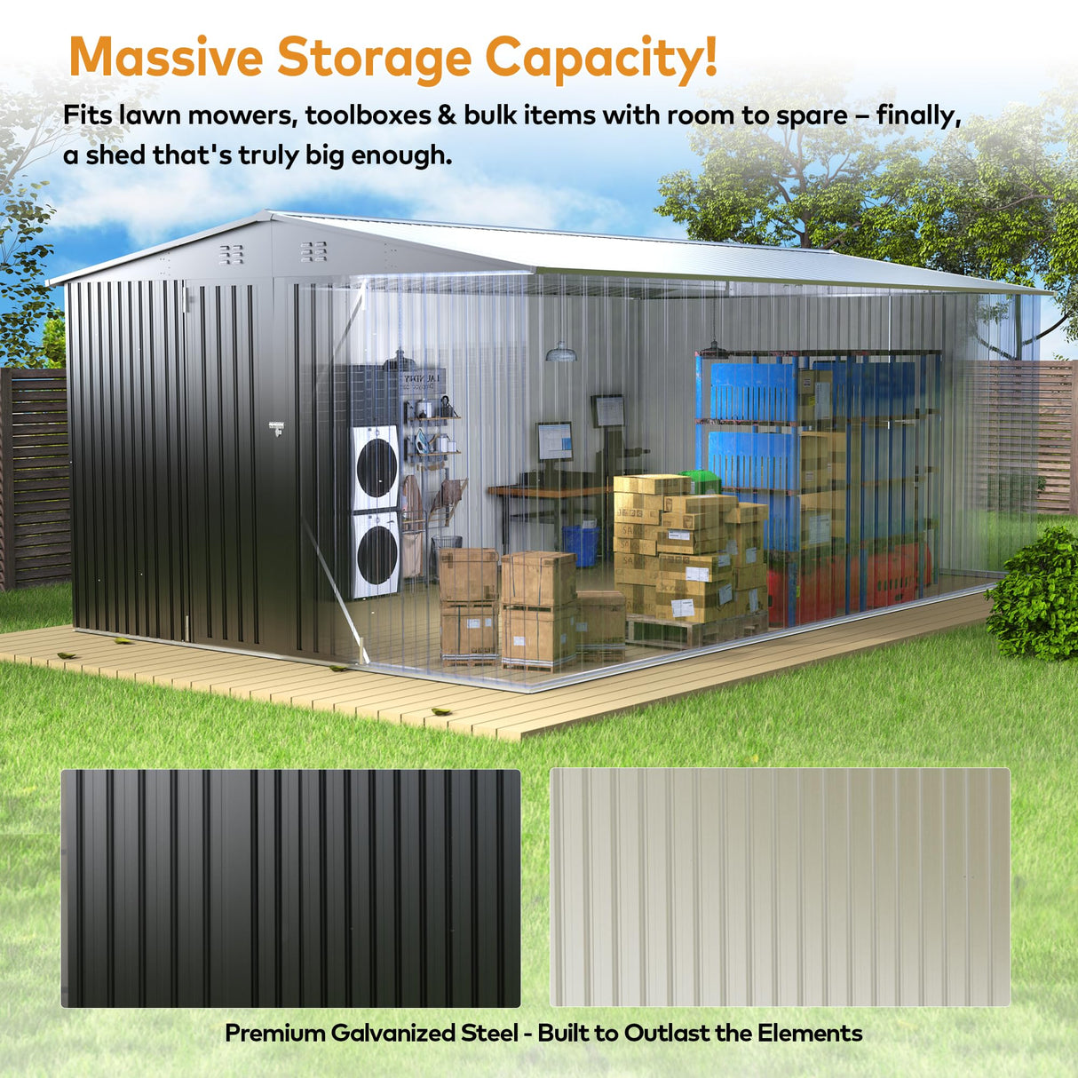 EASYHAWK 10 x 14 FT Outdoor Storage Shed, Metal Waterproof Storage Shed Steel Utility Garden Tool Shed with Door & Lock Outdoor Storage,All-Weather Shelter for Bike, Gardening Tools, Lawn Mowers EASYHAWK