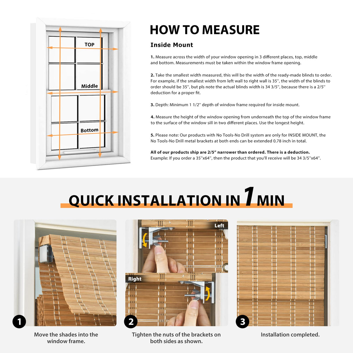 LazBlinds No Tools No Drill Cordless Bamboo Roman Shades, Privacy Room Darkening Window Treatment, Roll Up Bamboo Blinds for Window 26'' W x 64'' H, DP-Natural LazBlinds