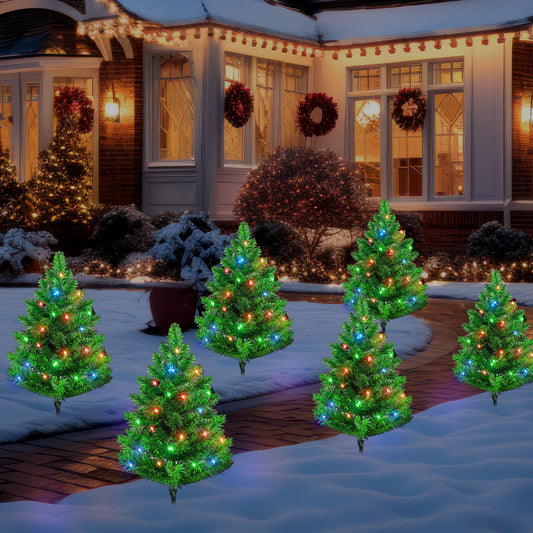 Huquary 6 Pack 24 Inch Lighted Christmas Tree Outdoor Decoration Light up Artificial Xmas Tree with 120 Multicolor LED Light for Porch Driveway Yard Pathway 8 Modes Lighted Xmas Tree for Home Party