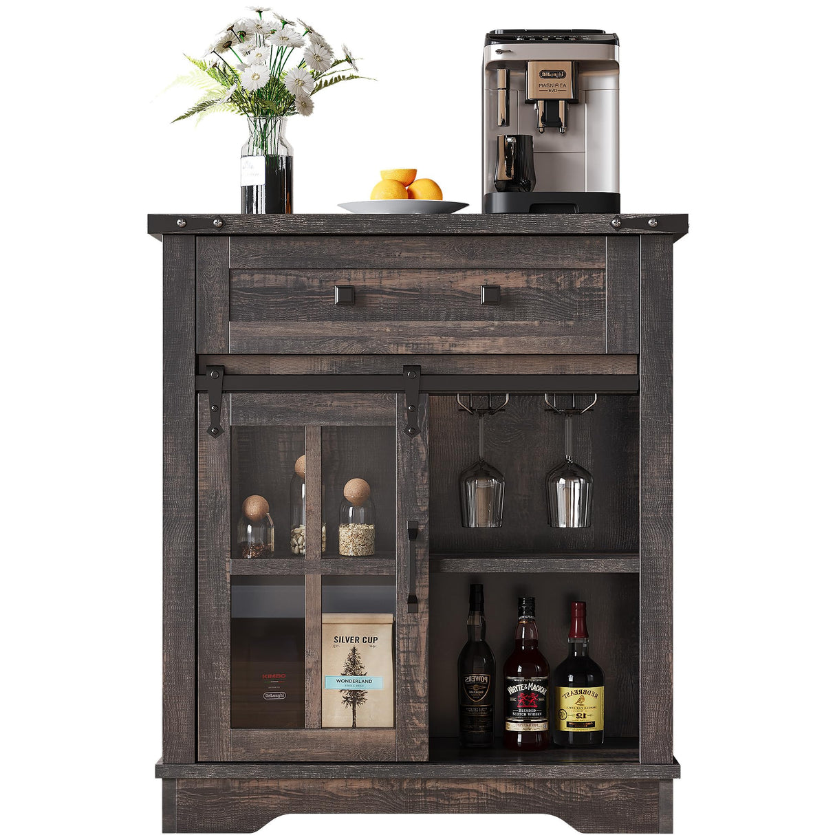 DWVO Farmhouse Coffee Bar Cabinet, 32” Sideboard Buffet Cabinet with Drawer & Adjustable Storage Shelves, Storage Cabinet with Sliding Barn Door for Kitchen and Living Room, Dark Rustic Oak DWVO