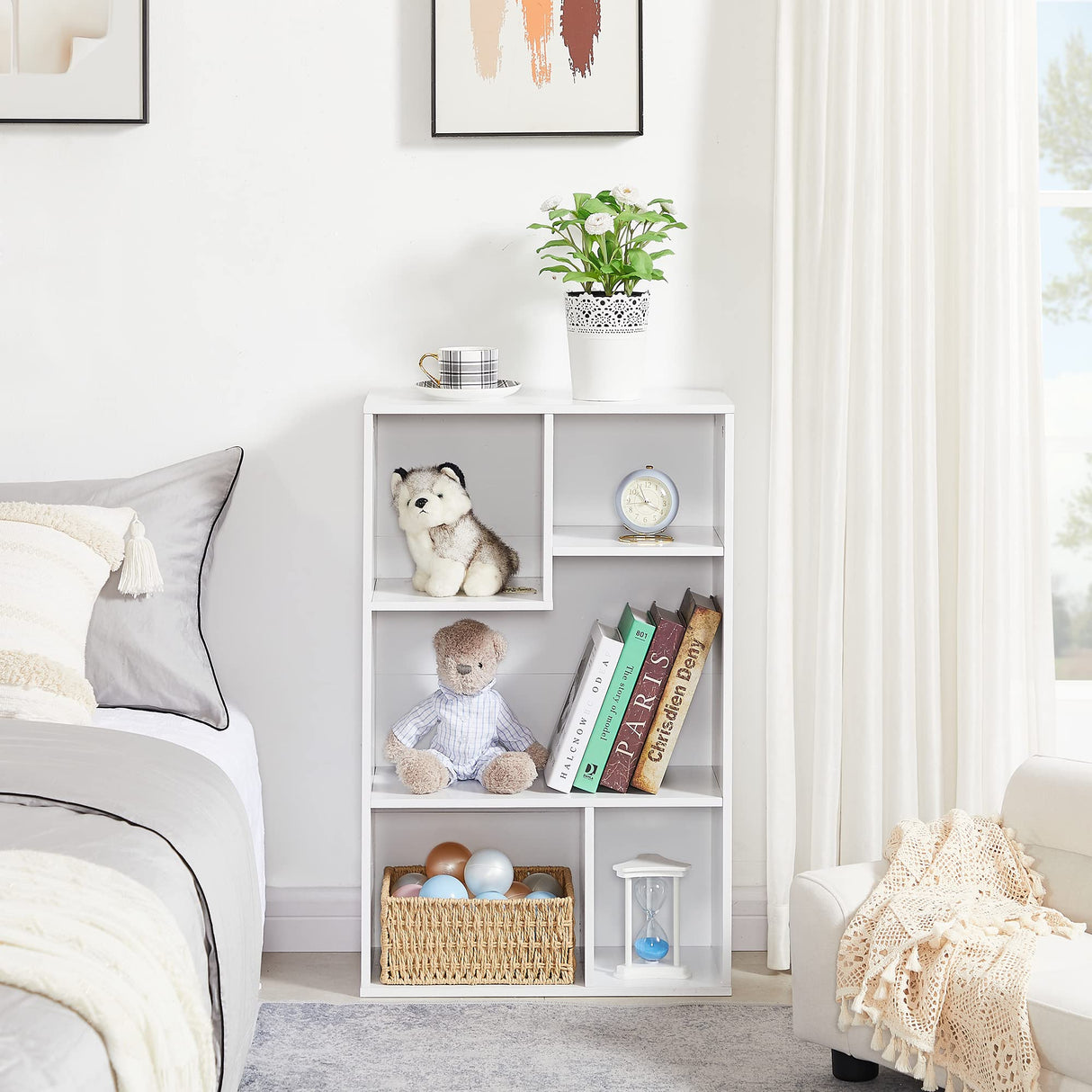 VECELO 5 Cube Modern Bookcases, 3 Tier Bookshelves, 31 Inch High Cubby Storage Organizer, Shelf Hight Up to 12.8 Inches Suit for Most Books, Vertical or Horizontal Use Available,Pearl White VECELO