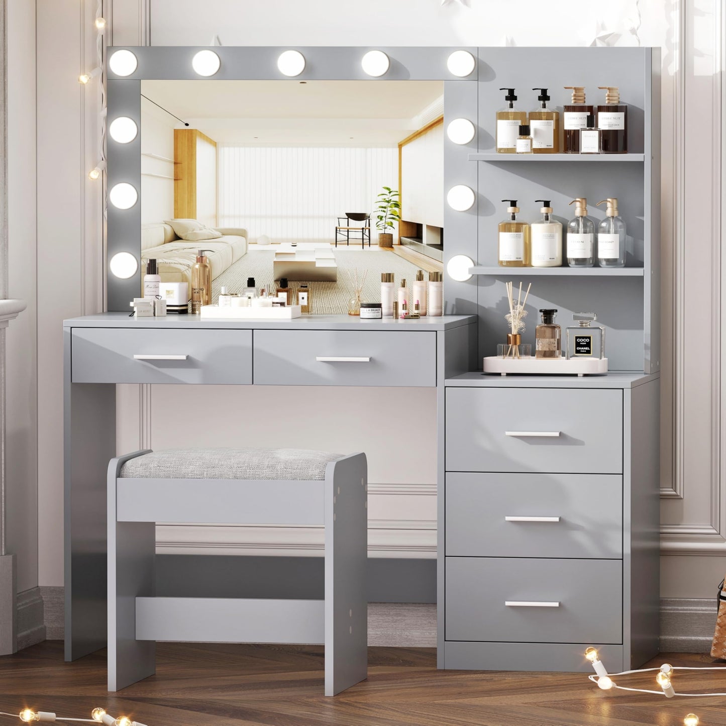 Rovaurx 46.7" W Makeup Vanity Set with Lights and Mirror, Vanity Desk with 5 Drawers, 3 Lighting Colors, Dressing Table for Bedroom, Studio, Grey