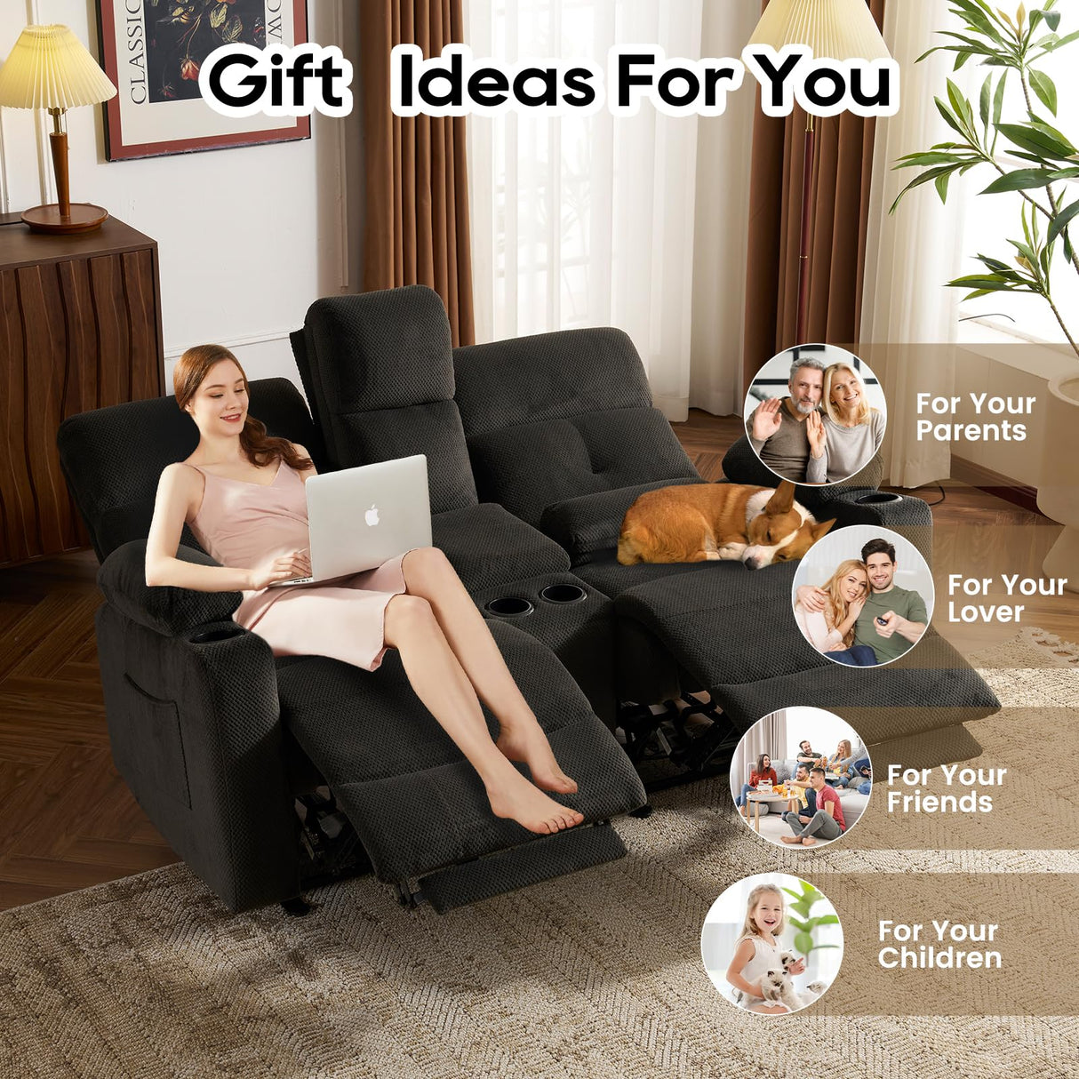 P.H.Furn Power Reclining Loveseat, Massage Loveseat Recliner Sofa Home Theater Seating with Heat, RV Love Seat Chair Clearance with Console, Storage, Cup Holders, Wall Hugger Couch P.H.Furn