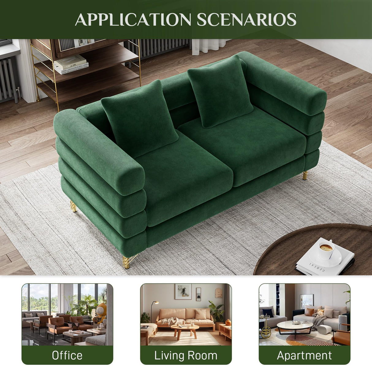 Wrofly Cloud Couch for Living Room, 59" Modern Overstuffed Deep Seat Velvet Loveseat Sofa with 2 Pillows, Comfy Upholstered 2 Seater Love Seat for Bedroom Office, Emerald Green Velvet Wrofly