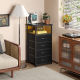 Fixwal Night Stand with Charging Station, LED Dresser for Bedroom Tall Nightstand with USB Ports and Outlets, 4 Fabric Storage Drawers with PU Finish, Bed Side Table, Black Fixwal