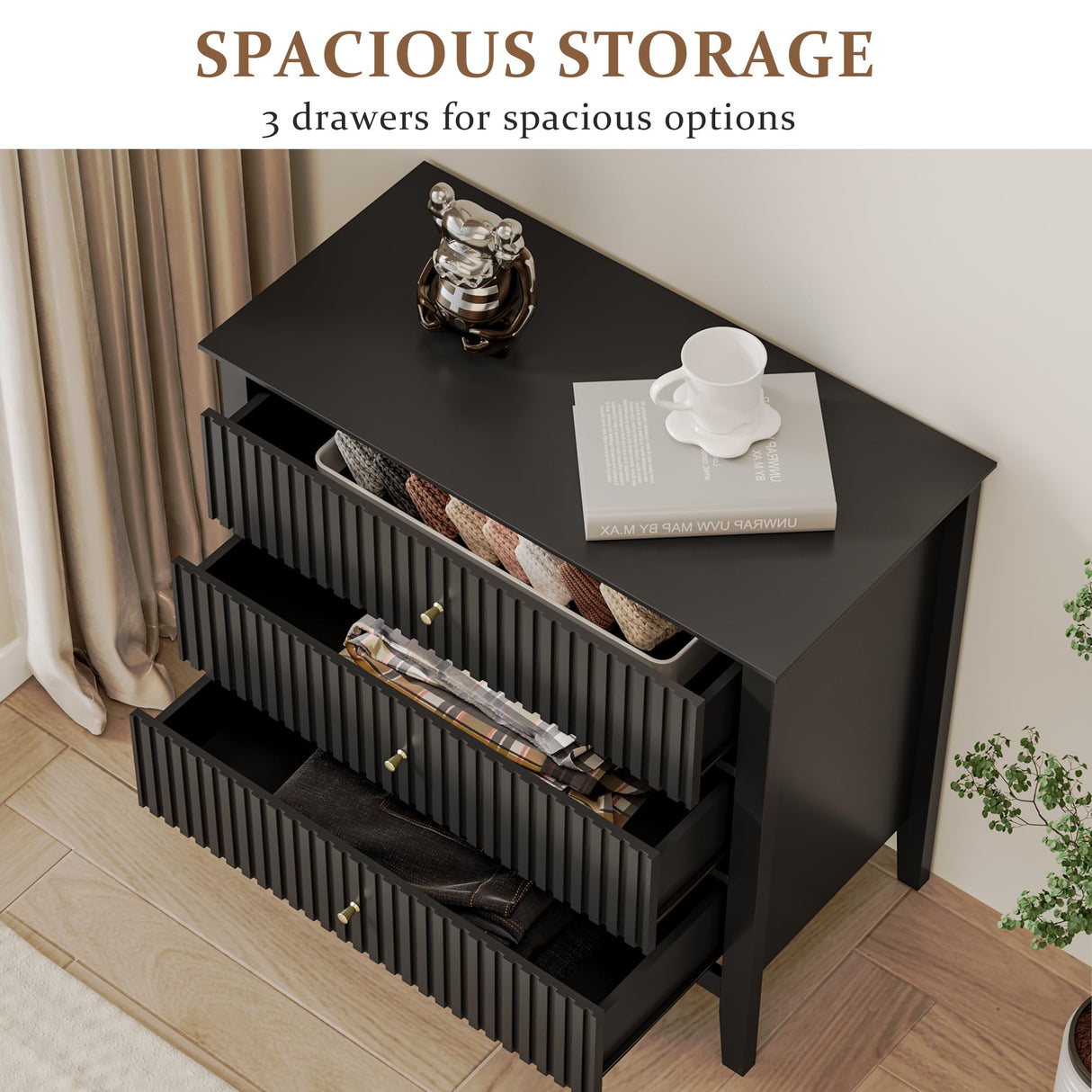 RoyalCraft 3 Drawer Dresser Set of 2, Fluted Chest of Drawers with Storage, Modern Painted 30 inch Tall Nightstand for Bedroom Living Room Entryway, Black RoyalCraft