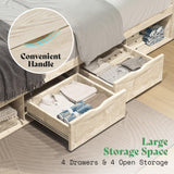 AMERLIFE Farmhouse Bed Frame with 4 Drawers & 4 Open Storage Space, Queen Size Storage Bed with LED Light & Charging Station, Wooden Slats, Noise Free, Rustic White AMERLIFE