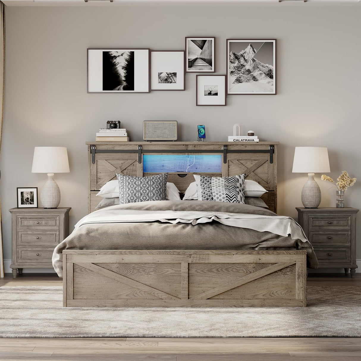 Farmhouse Queen Bed Frame with Storage Drawers & Bookcase Headboard - LED Lights, USB Charging Station, Sliding Barn Door, Wooden Platform Bed No Box Spring Needed Rustic Oak Bedroom Furniture Set SLEERWAY