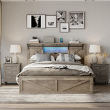 Farmhouse Queen Bed Frame with Storage Drawers & Bookcase Headboard - LED Lights, USB Charging Station, Sliding Barn Door, Wooden Platform Bed No Box Spring Needed Rustic Oak Bedroom Furniture Set SLEERWAY