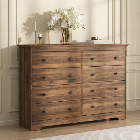 BAZELOR Dresser for Bedroom, 8 Drawer Dresser with Large Drawers, 55 Inch Wide Wood Chest for Living Room, Hallway, Walnut BAZELOR