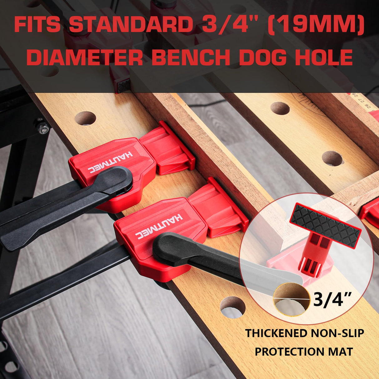HAUTMEC Bench Dog Clamp, 3/4" Dog Hole Clamp, Up to 170 Lbs Clamping Force, Adjustable Bench Clamp with Protective Pads for Woodworking, Quick Clamps for 19mm Bench Dogs Holes(2 Pack), HT0276-CL HAUTMEC