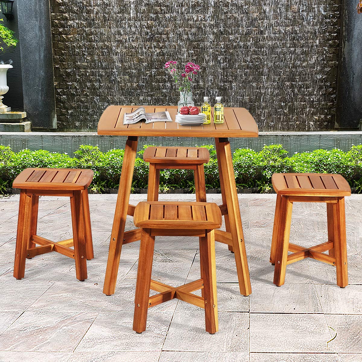 HAPPYGRILL 5 Pieces Wooden Patio Dining Set, Outdoor Acacia Wood Dining Furniture Set with 4 Stools, Wood Table and Armless Chairs for Garden Porch Backyard Balcony Poolside